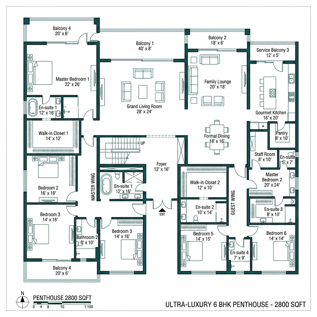 6 BHK Floor Plan - 2800 SqFt